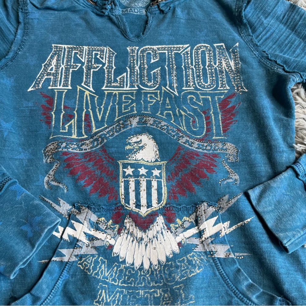 Affliction Hoodie Womens Small Embellishment Spellout Eagle Detach Hood Blue - Picture 2 of 16